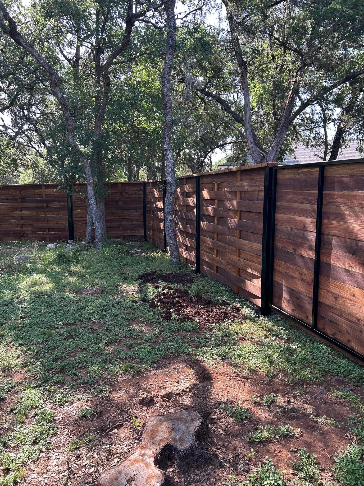 Stained horizontal cedar fence on black steel posts beneath oak trees