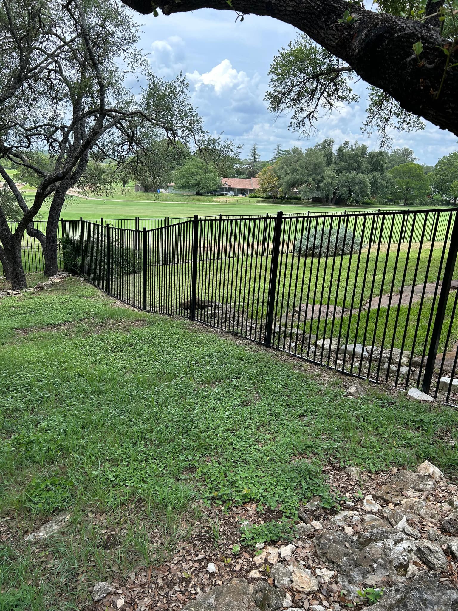 Black iron fence along the edge of a yard looking out over open grass